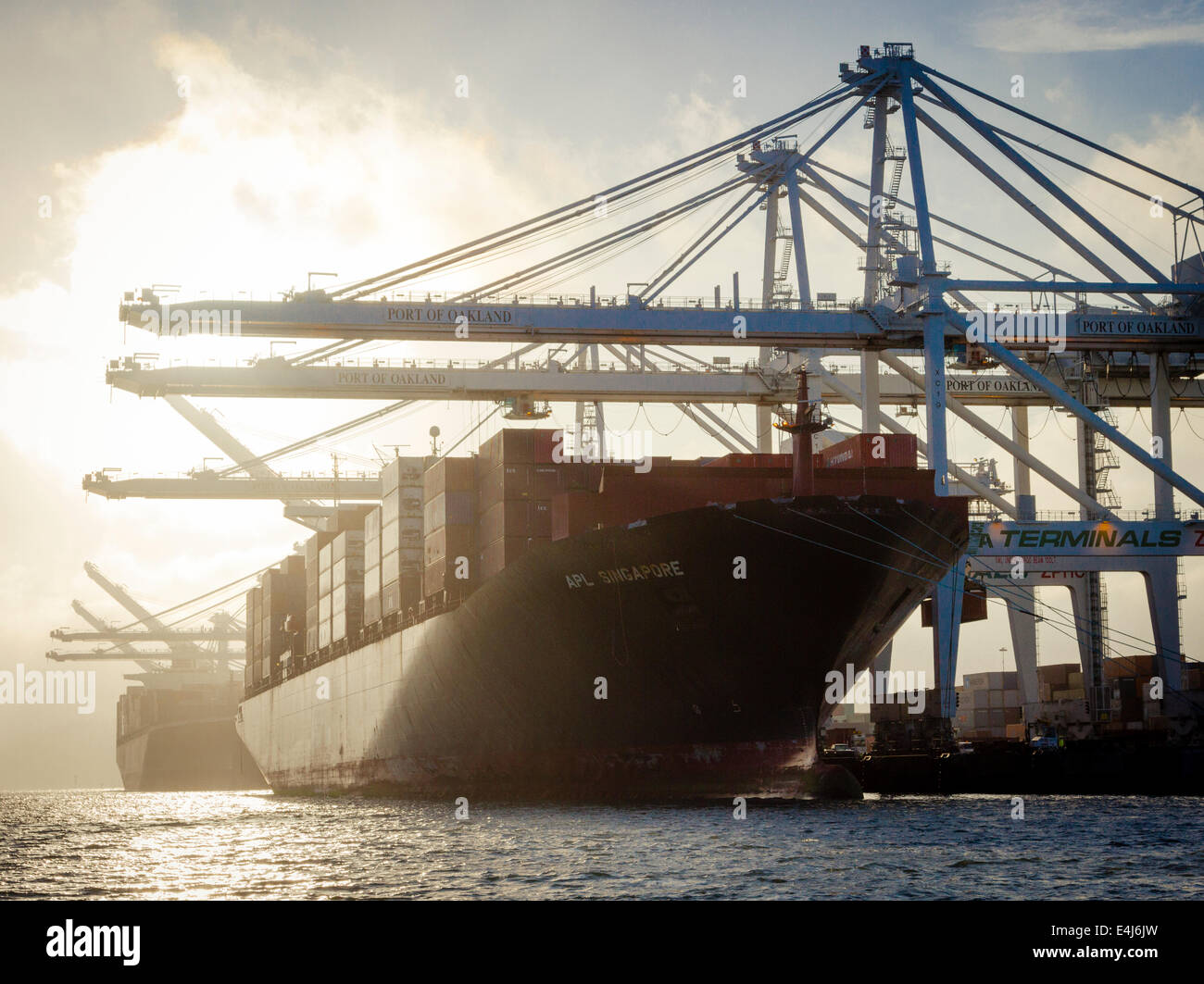 Grues portiques de quai de déchargement des conteneurs de fret intermodal de conteneurs deux navires ont accosté au port d'Oakland Banque D'Images