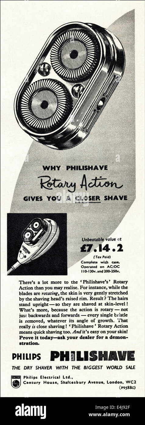 1950 Publicité pour têtes de rasoir électrique Philips magazine britannique  daté d'août 1956 Photo Stock - Alamy