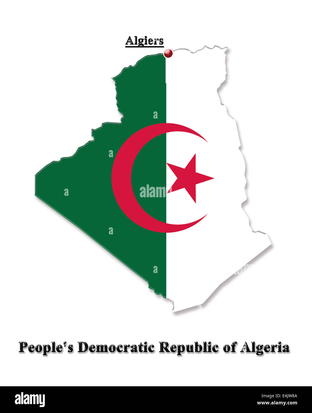Carte de l'Algérie, dans les couleurs de son drapeau isolated on white Banque D'Images