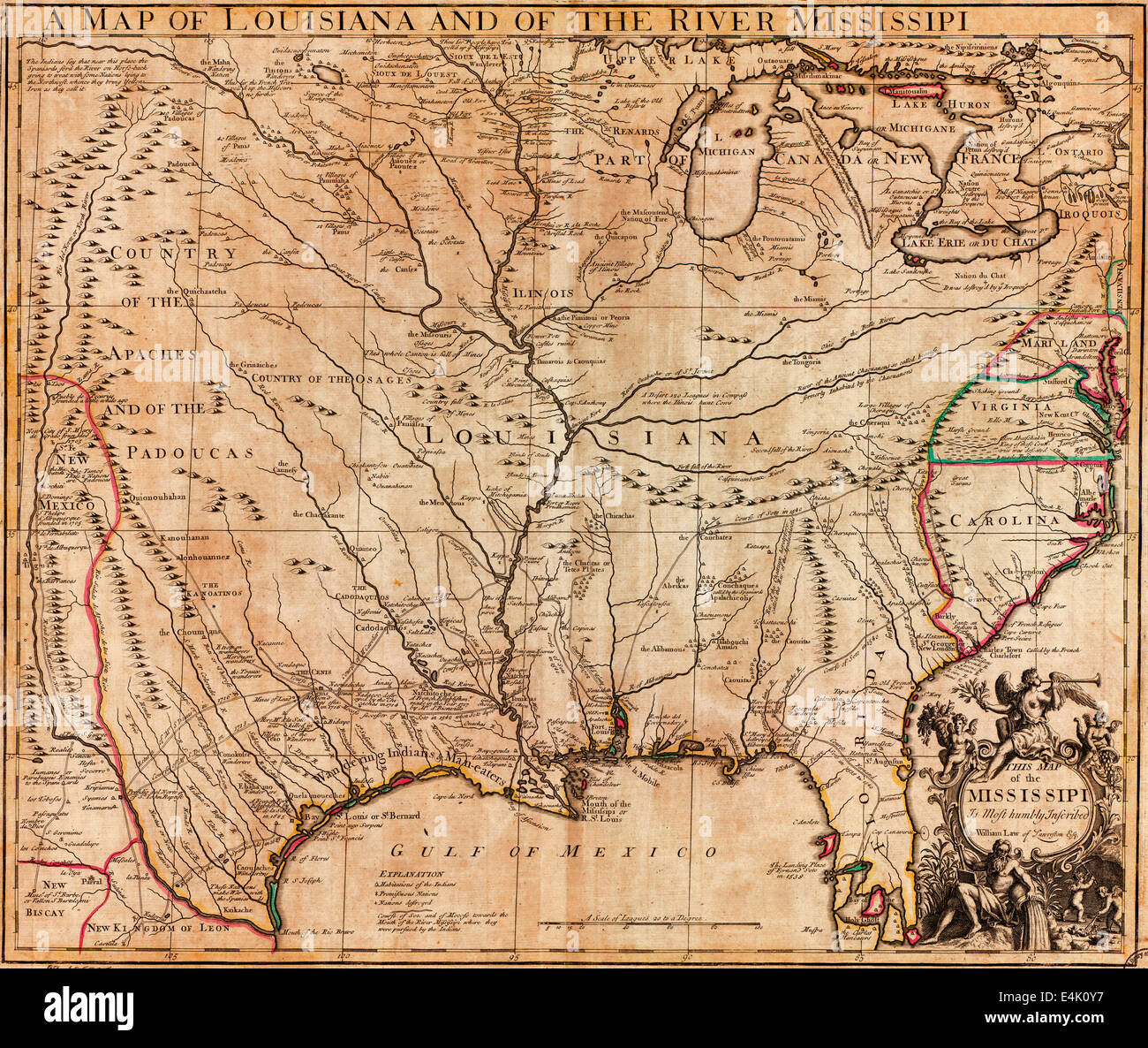 Une carte de la Louisiane et du fleuve Mississippi. 1721 Banque D'Images