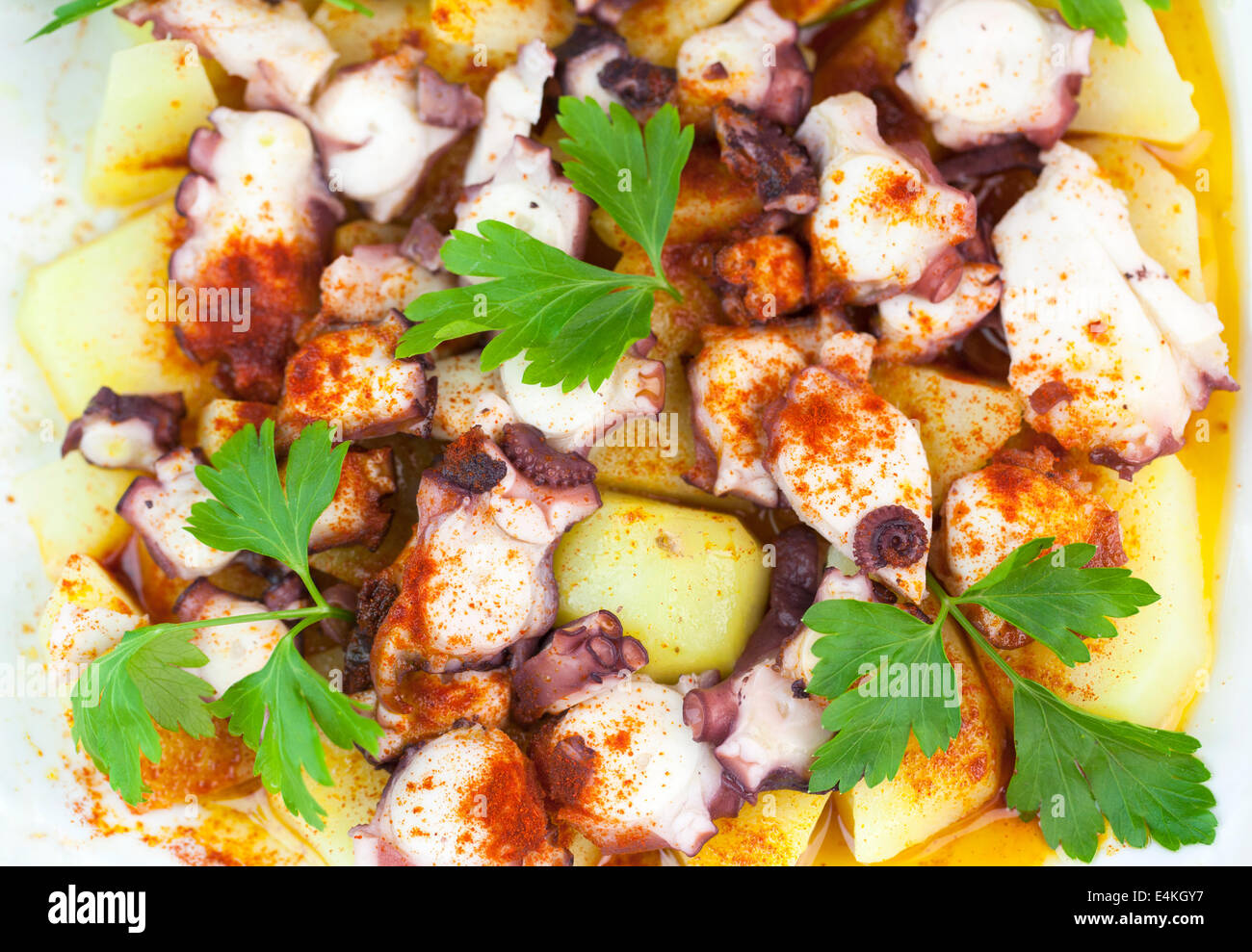 Polbo a Feira (Octopus), Juste un style traditionnel espagnol galicien plat préparé avec des pommes de terre (cachelos), gros sel, paprika Banque D'Images