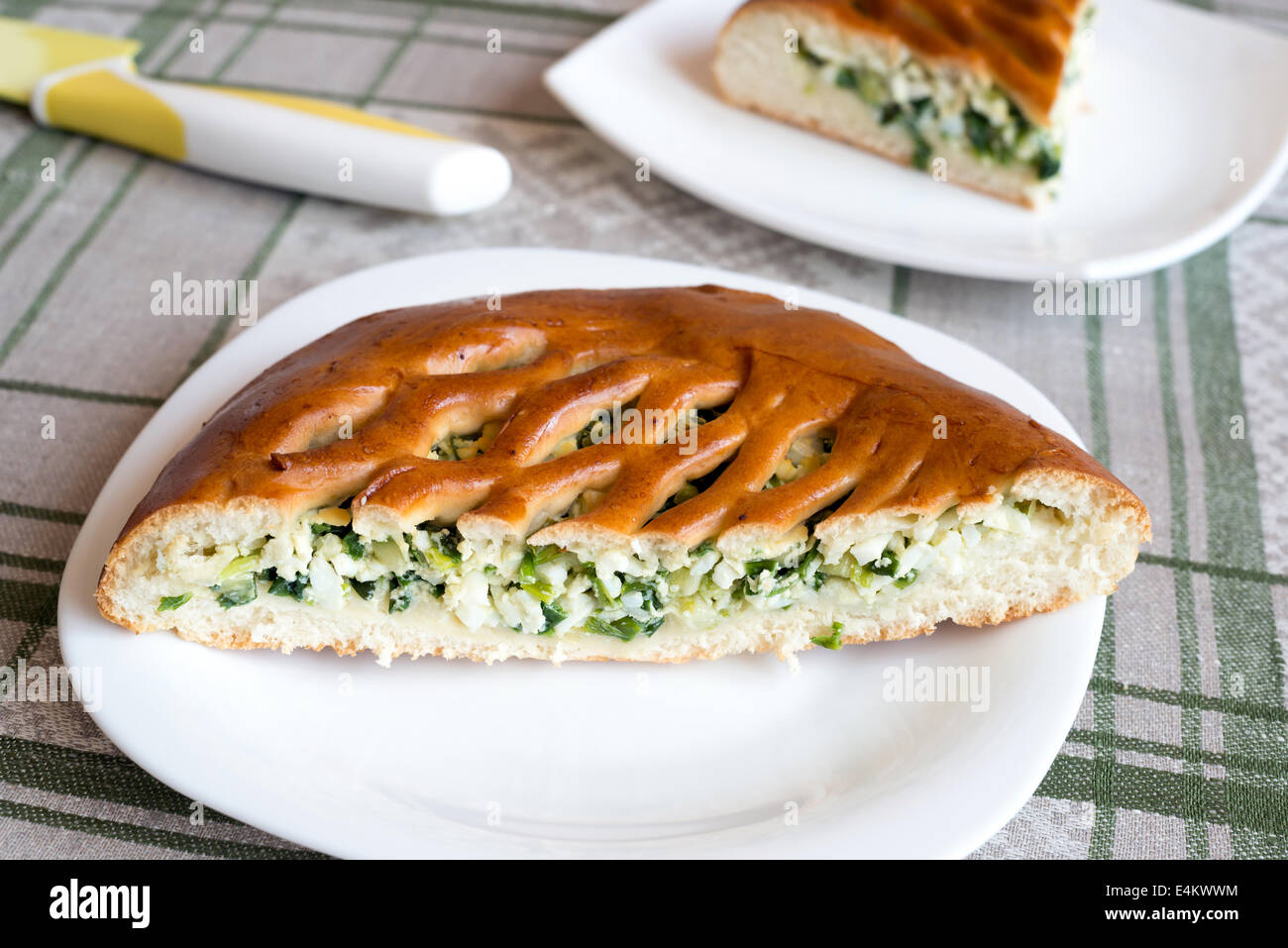 Tarte aux pommes faite maison avec des œufs et des oignons verts Banque D'Images