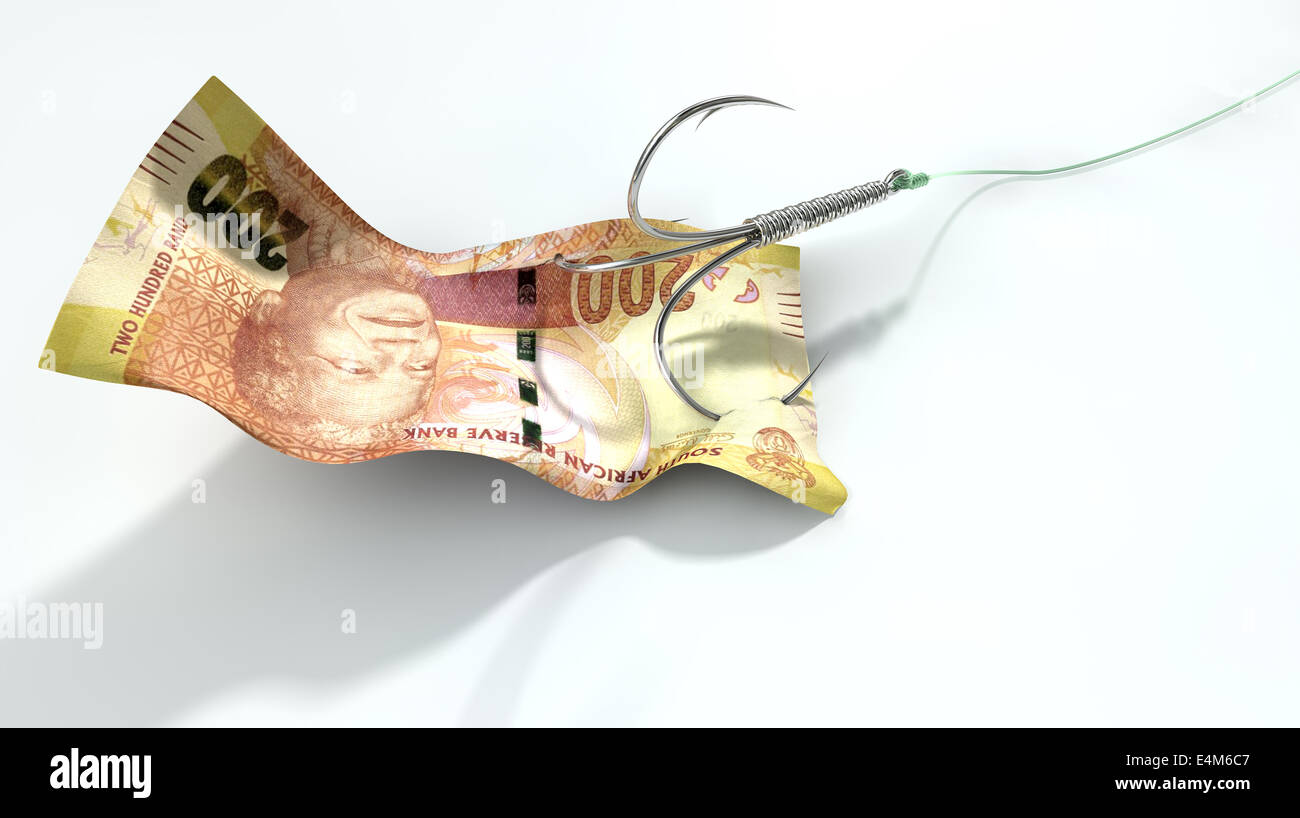 Un concept image montrant un billet de deux cents rand utilisé comme appât attaché à un hameçon triple Eagle Claw et ligne de pêche sur un cas isolé w Banque D'Images