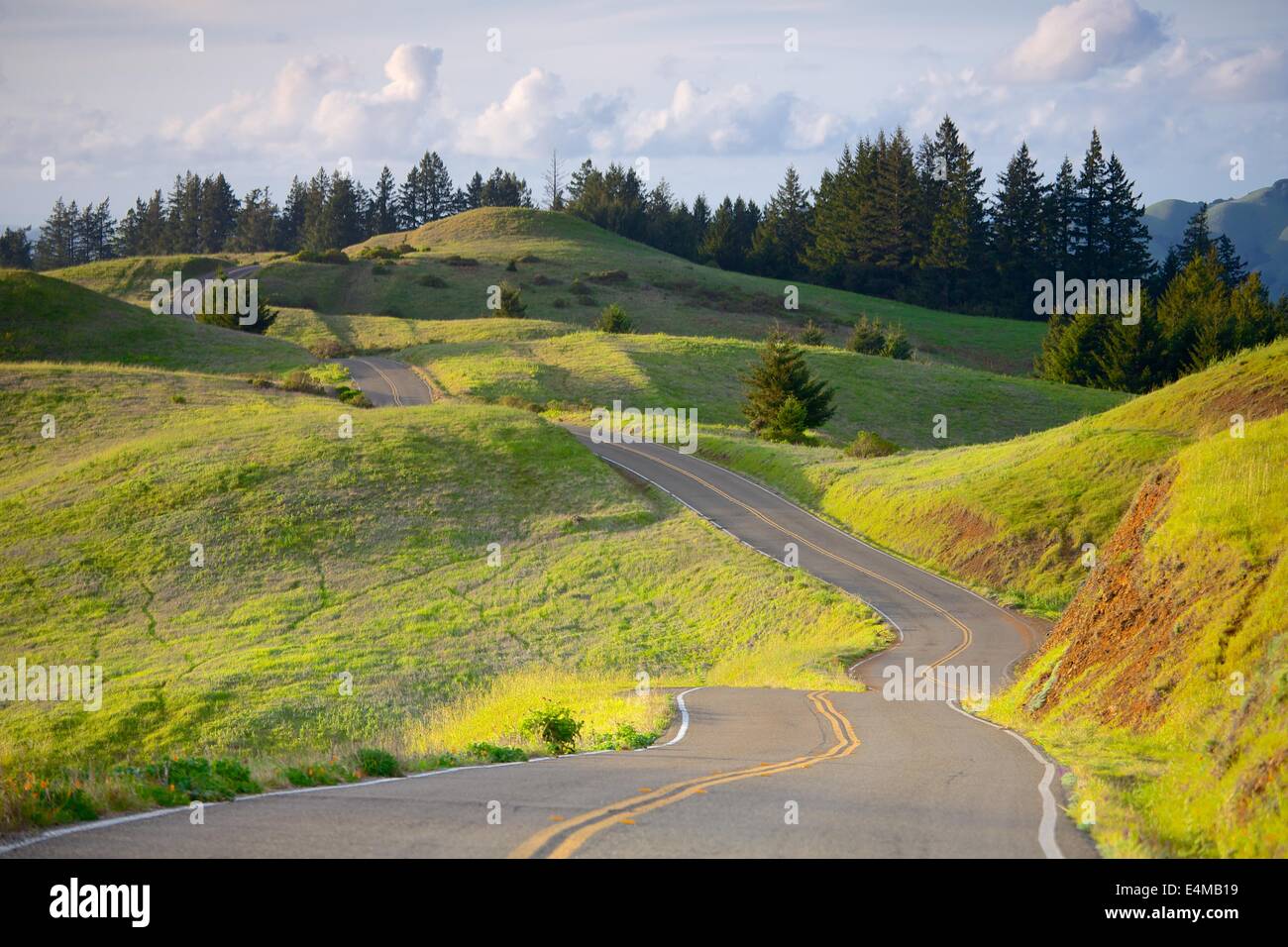 Belle route sinueuse sur collines au coucher du soleil sur la crête de Bolinas, Mt. Tamalpais State Park, comté de Marin, en Californie. Banque D'Images