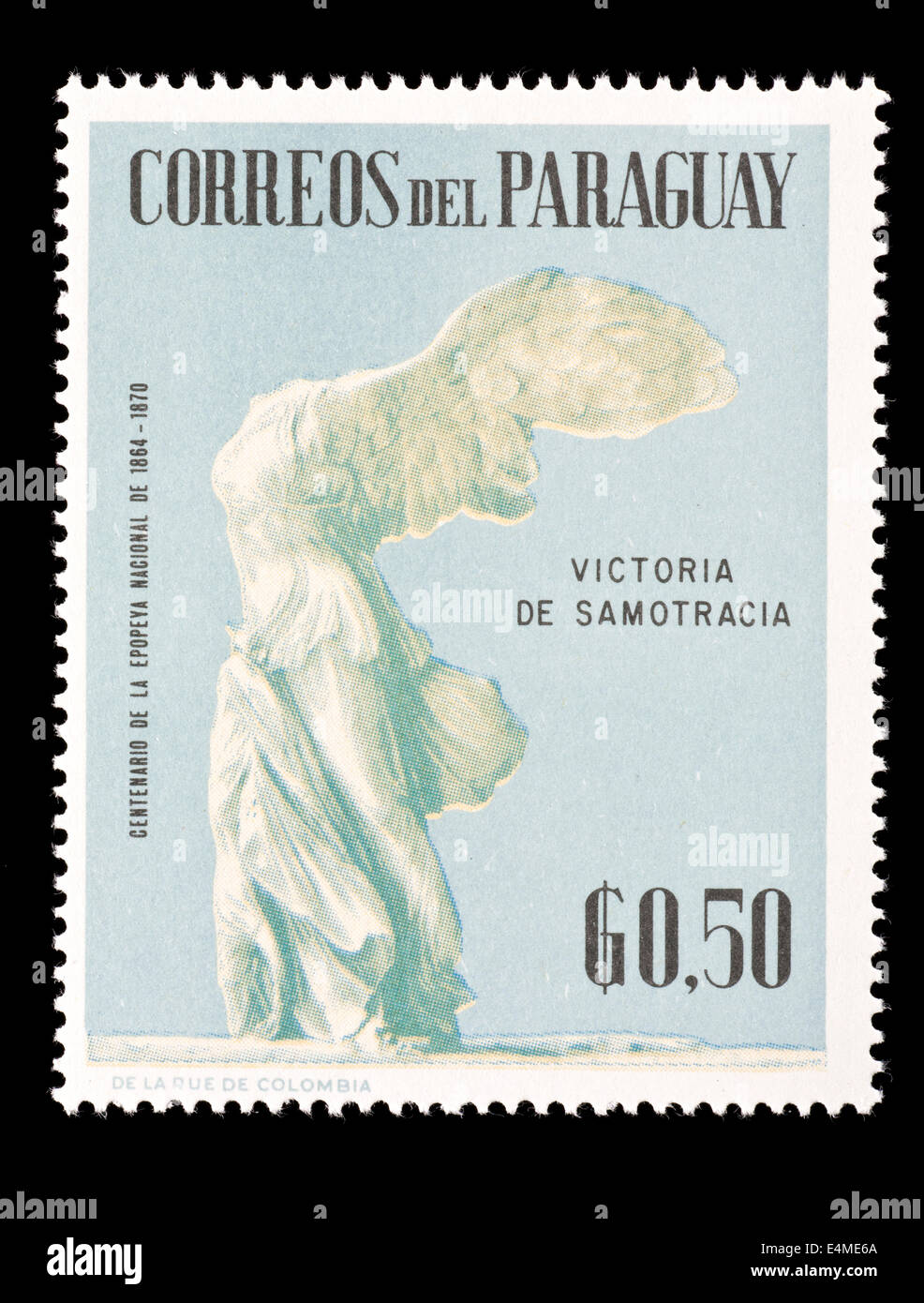 Timbre du Paraguay représentant la statue de la Victoire de Samothrace