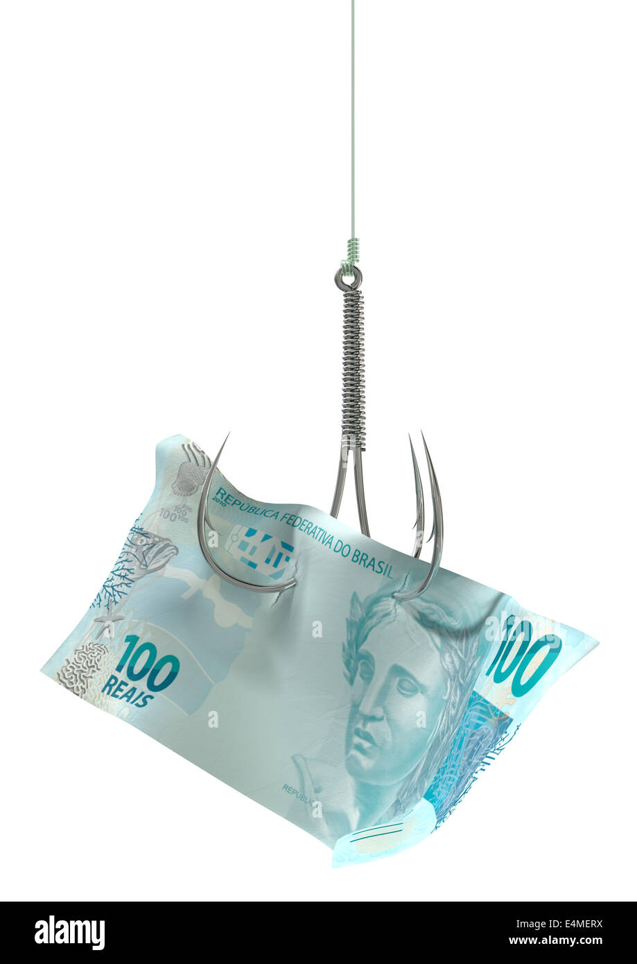 Un concept image montrant un cent billets réel utilisé comme appât attaché à un hameçon triple Eagle Claw et ligne de pêche sur un cas isolé w Banque D'Images