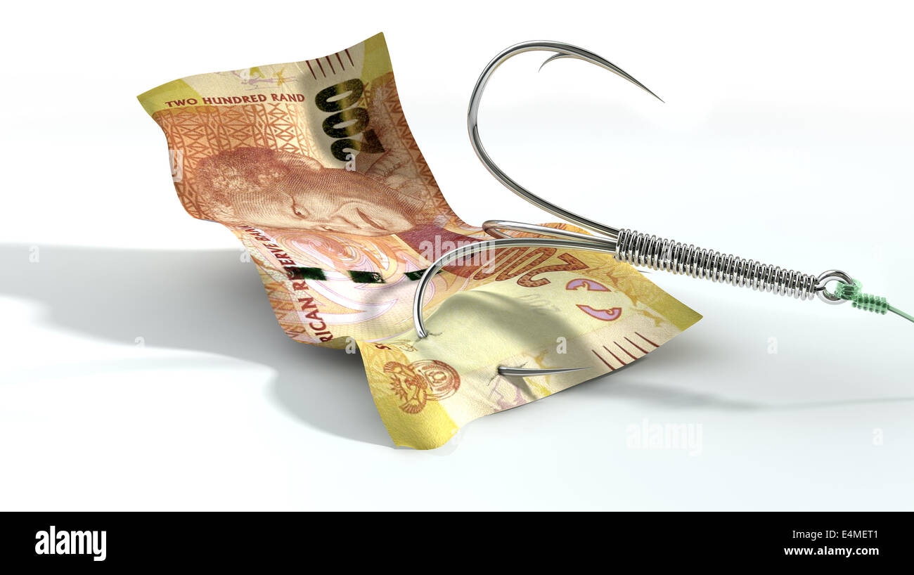 Un concept image montrant un billet de deux cents rand utilisé comme appât attaché à un hameçon triple Eagle Claw et ligne de pêche sur un cas isolé w Banque D'Images