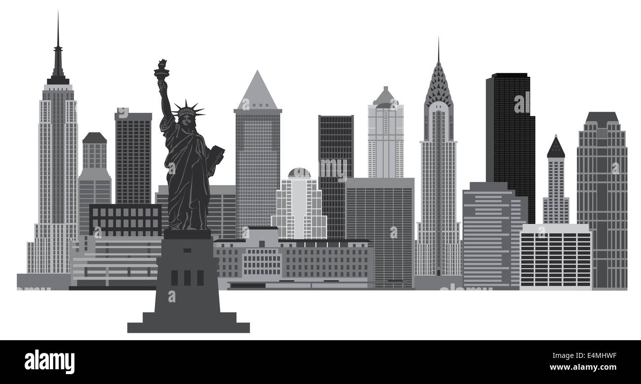 New York City Skyline avec Statue de la liberté l'illustration en noir et blanc Banque D'Images