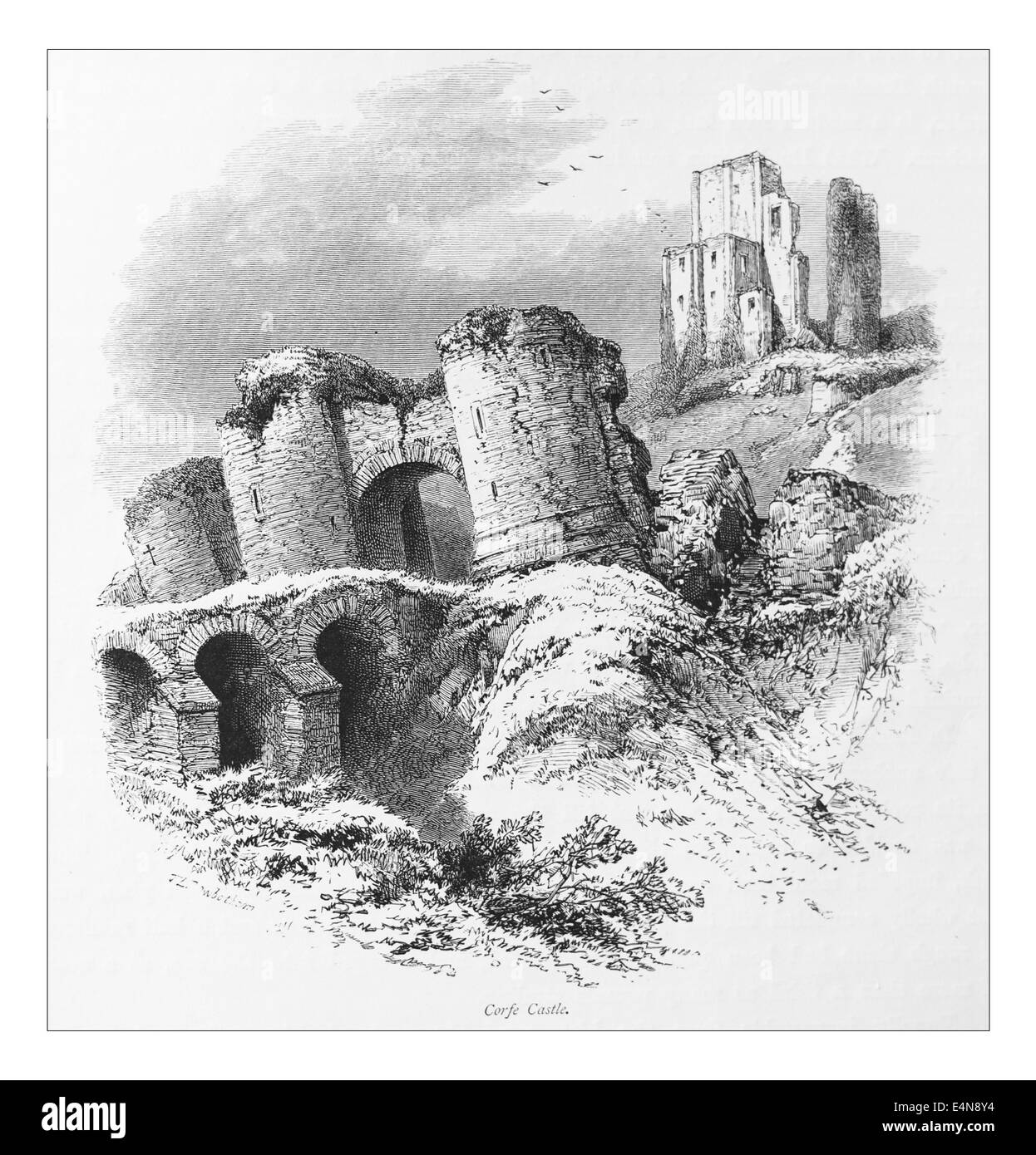 Château de Corfe  Illustration de 'les îles britanniques - Cassell & Petter Galpin Partie 10 Europe pittoresque. 1877 L'Europe était un pittoresque' l'illustre série de magazines publiés par Cassell, Petter, Galpin & Co. de Londres, Paris et New York en 1877. Les publications touristiques représenté en Europe hante, avec des descriptions de texte et de l'acier et de gravures sur bois par d'éminents artistes de l'époque, tels que Harry Fenn, William H J Boot, Thomas C. L. Rowbotham, Henry T. Green , Myles B. Foster, John Mogford , David H. McKewan, William L. Leitch, Edmund M. Wimperis et Joseph B. Smith. Banque D'Images