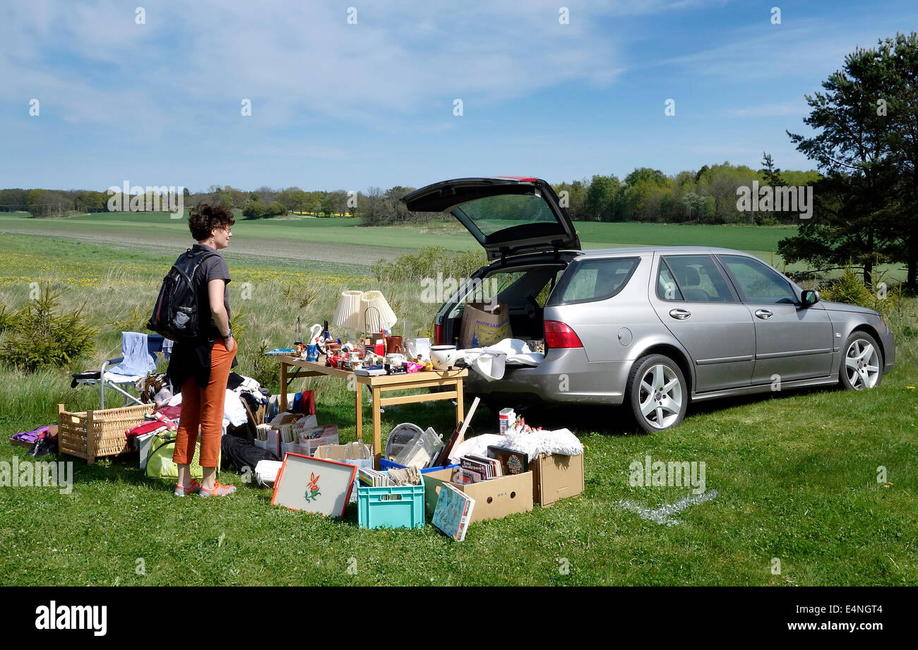 Jeune femme à la bonne affaire sur car boot sale dans la campagne suédoise. Banque D'Images