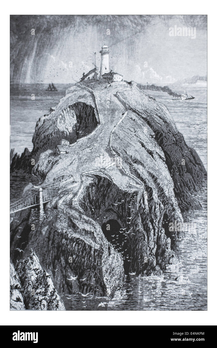 Phare de South Stack, Holyhead, Galles  Illustration de 'les îles britanniques - Cassell & Petter Galpin Partie 19 Europe pittoresque. 1877 L'Europe était un pittoresque' l'illustre série de magazines publiés par Cassell, Petter, Galpin & Co. de Londres, Paris et New York en 1877. Les publications touristiques représenté en Europe hante, avec des descriptions de texte et de l'acier et de gravures sur bois par d'éminents artistes de l'époque, tels que Harry Fenn, William H J Boot, Thomas C. L. Rowbotham, Henry T. Green , Myles B. Foster, John Mogford , David H. McKewan, William L. Leitch, Edmund M. Wimperis et Joseph B. Smith. Banque D'Images