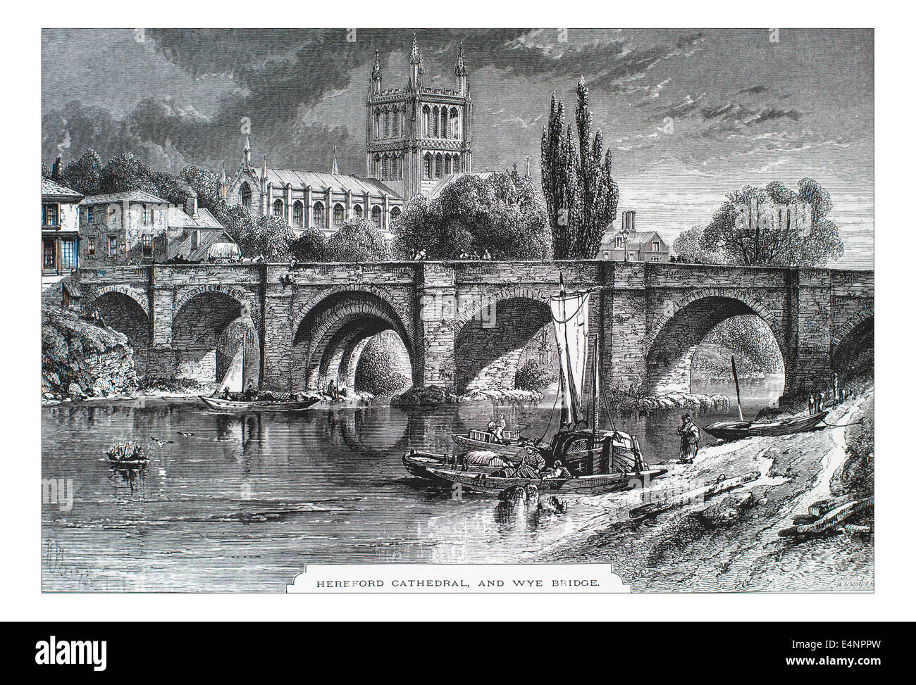 Cathédrale de Hereford et Wye Bridge  Illustration de 'les îles britanniques - Cassell & Petter Galpin Partie 19 Europe pittoresque. 1877 L'Europe était un pittoresque' l'illustre série de magazines publiés par Cassell, Petter, Galpin & Co. de Londres, Paris et New York en 1877. Les publications touristiques représenté en Europe hante, avec des descriptions de texte et de l'acier et de gravures sur bois par d'éminents artistes de l'époque, tels que Harry Fenn, William H J Boot, Thomas C. L. Rowbotham, Henry T. Green , Myles B. Foster, John Mogford , David H. McKewan, William L. Leitch, Edmund M. Wimperis et Joseph B. Smith. Banque D'Images