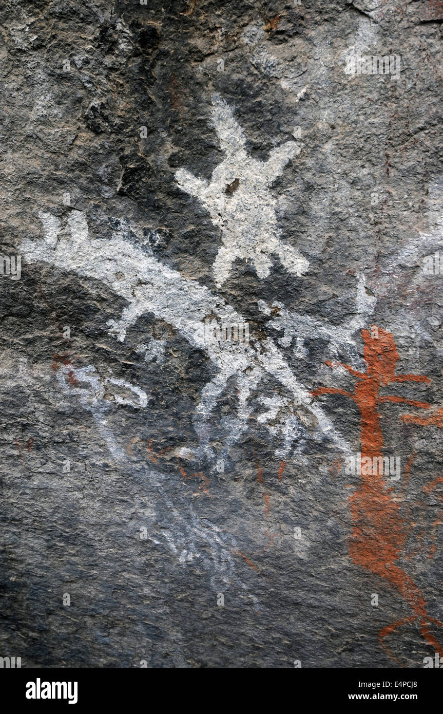 Australian Aboriginal Rock Art avec kangourous, tortues et autres animaux, Yankee Hat Rock, le Parc National de Namadgi, LOI, Aust Banque D'Images