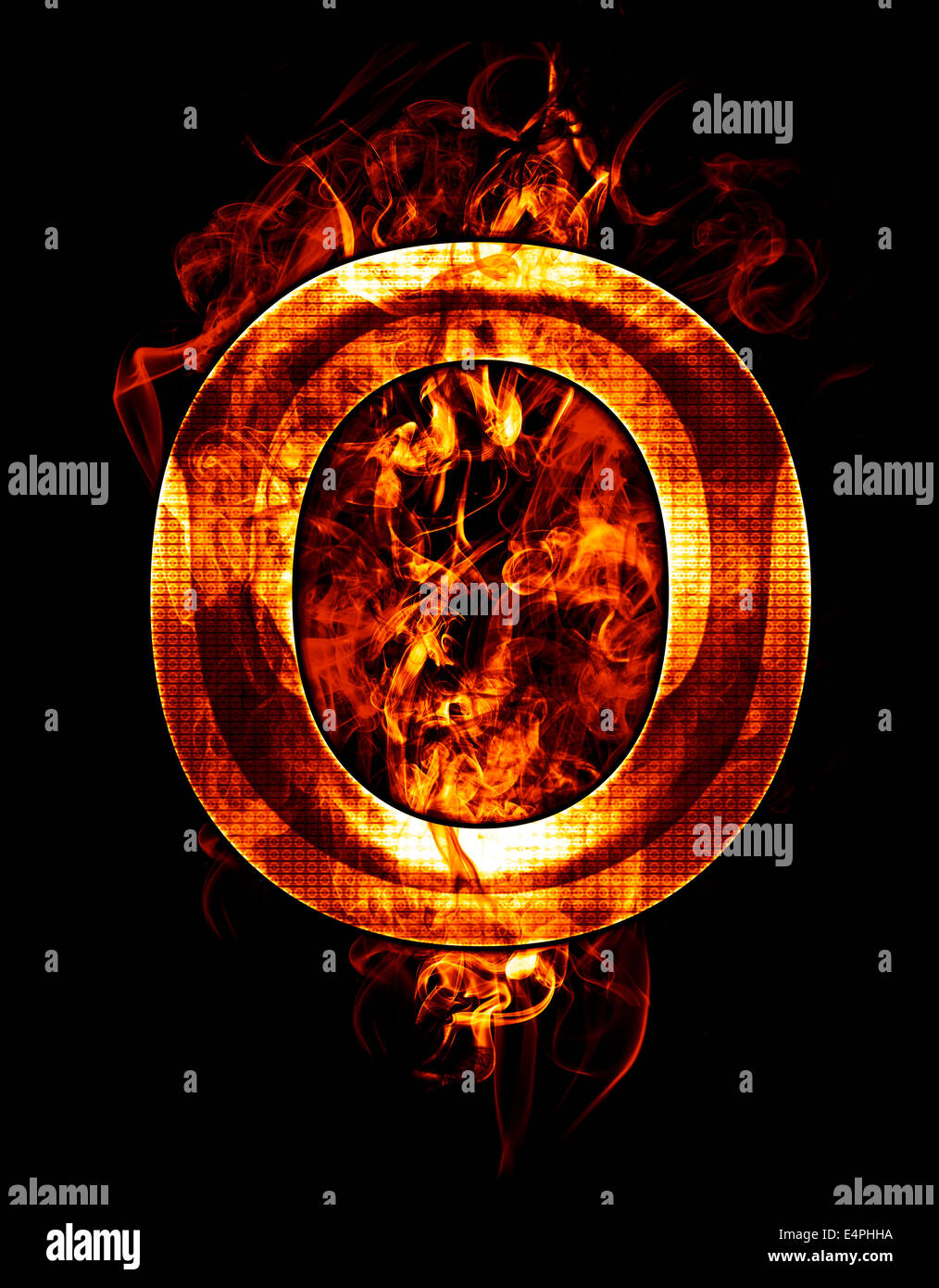O, illustration de la lettre avec effets chrome et rouge feu sur fond noir Banque D'Images