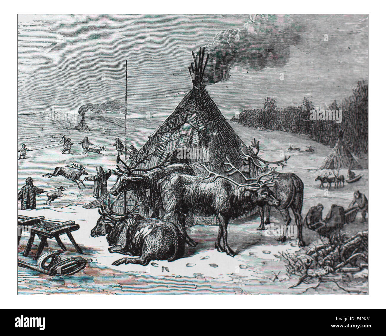 Un campement Samoyede Illustration de 'les îles britanniques - Cassell Petter Galpin et pittoresque partie 6 l'Europe. L'Europe était un pittoresque illustré Ensemble de magazines publiés par Cassell, Petter, Galpin & Co. de Londres, Paris et New York en 1877. Les publications touristiques représenté en Europe hante, avec des descriptions de texte et de l'acier et de gravures sur bois par d'éminents artistes de l'époque, tels que Harry Fenn, William H J Boot, Thomas C. L. Rowbotham, Henry T. Green , Myles B. Foster, John Mogford , David H. McKewan, William L. Leitch, Edmund M. Wimperis et Joseph B. Smith. Banque D'Images