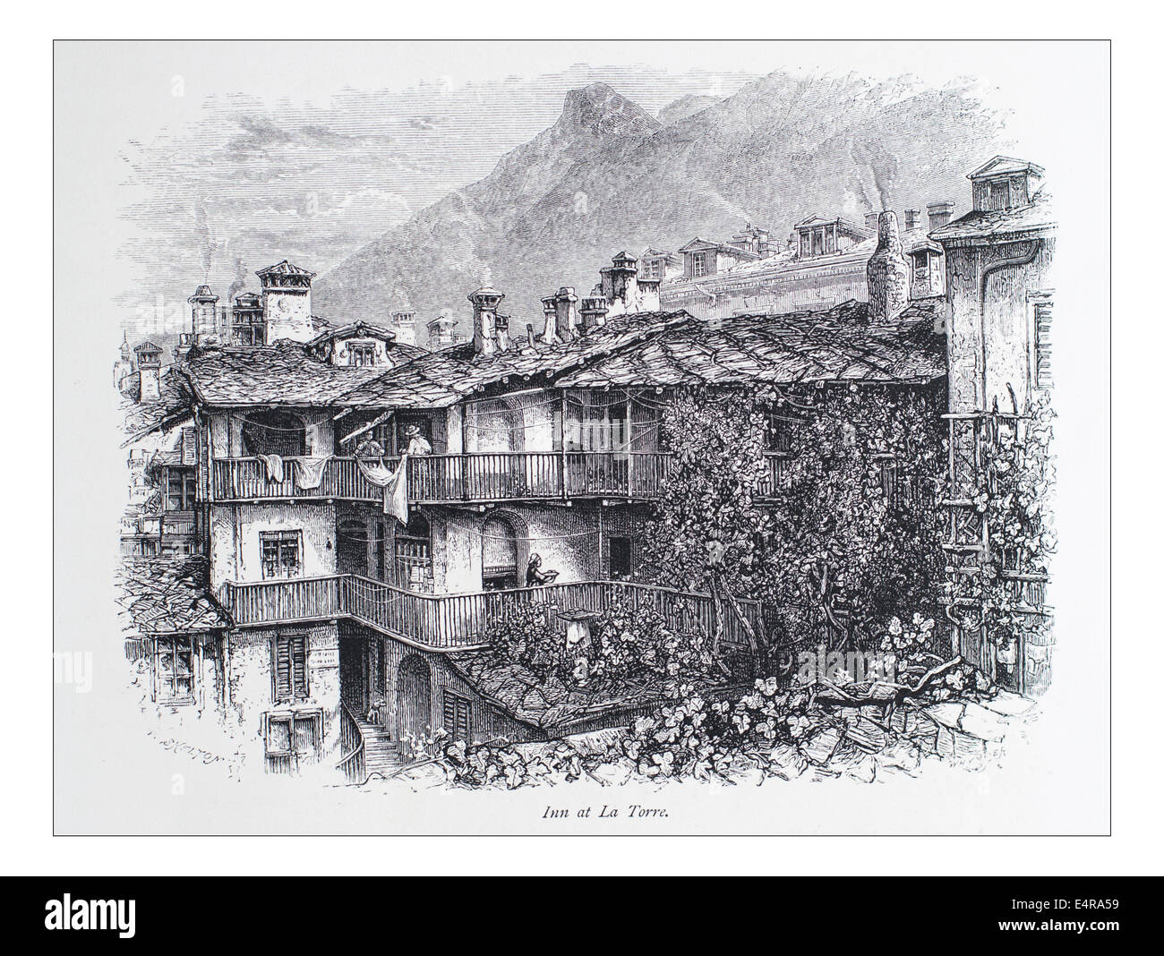 Inn at La Torre, France Illustration de 'les îles britanniques - Cassell Petter Galpin et pittoresque partie 8 l'Europe. L'Europe était un pittoresque illustré Ensemble de magazines publiés par Cassell, Petter, Galpin & Co. de Londres, Paris et New York en 1877. Les publications touristiques représenté en Europe hante, avec des descriptions de texte et de l'acier et de gravures sur bois par d'éminents artistes de l'époque, tels que Harry Fenn, William H J Boot, Thomas C. L. Rowbotham, Henry T. Green , Myles B. Foster, John Mogford , David H. McKewan, William L. Leitch, Edmund M. Wimperis et Joseph B. Smith. Banque D'Images