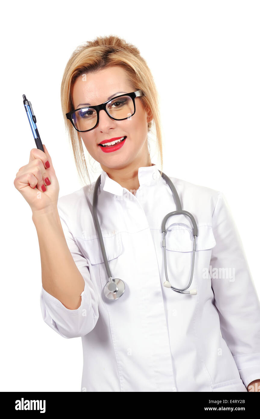 Belle female doctor holding pen in hand Banque D'Images