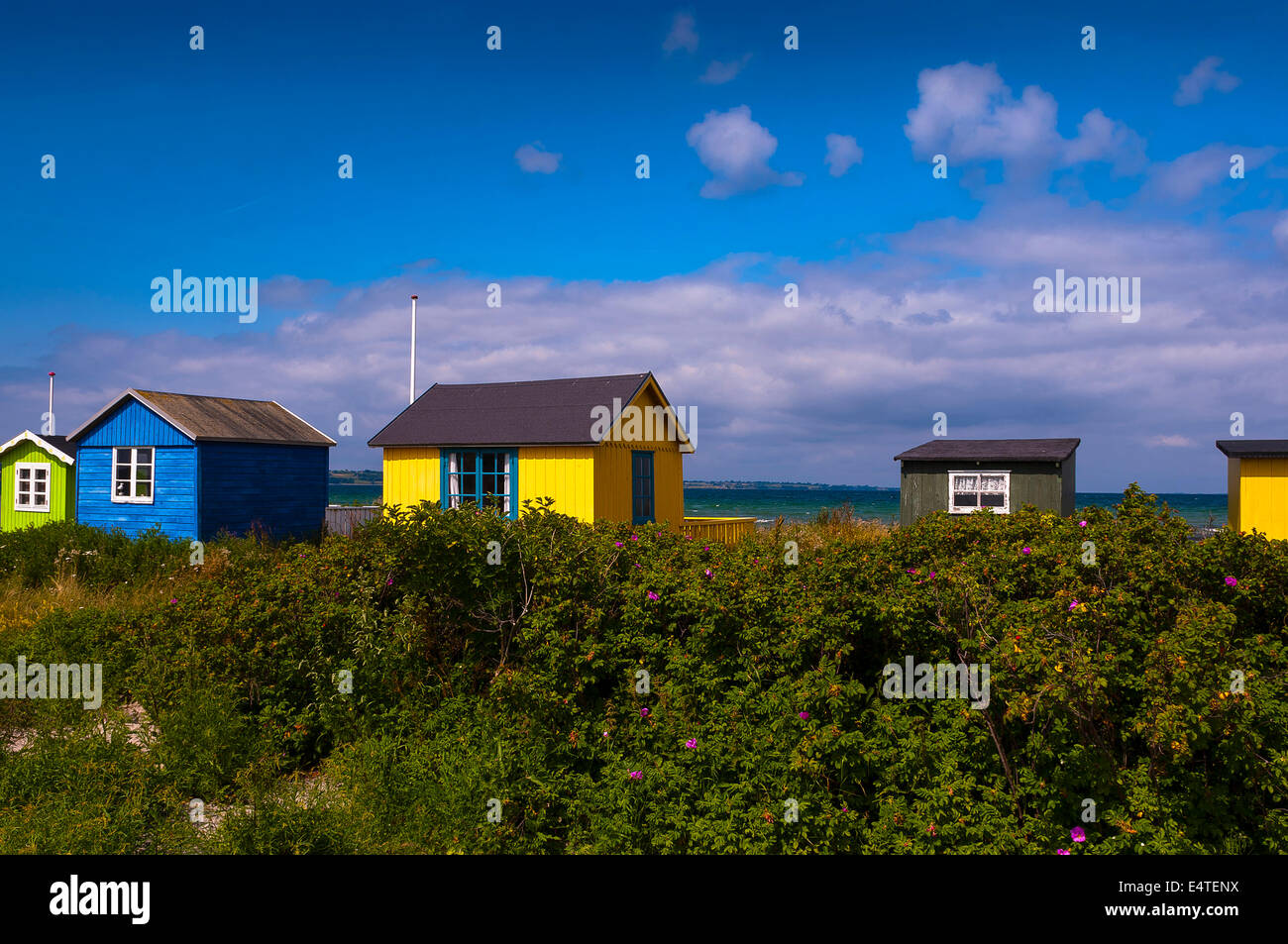 Champ et cabines de plage, Aeroskobing, Aero, l'île de la péninsule du Jutland, Danemark du Sud de la région, du Danemark, de l'Europe Banque D'Images