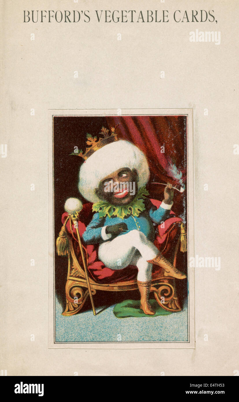 Légumes de Bufford, cartes (coton) - un homme avec une grande boule de coton sur sa tête surmontée d'une couronne, assis sur un trône, et fumer une pipe, face à l'avant, avec un sceptre surmonté d'une boule de coton appuyé contre le trône, vers 1887 Banque D'Images