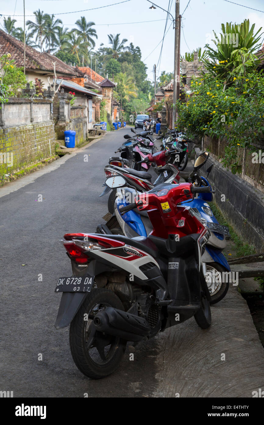 Bali, Indonésie. Les motos alignées le long d'une rue du village. Banque D'Images