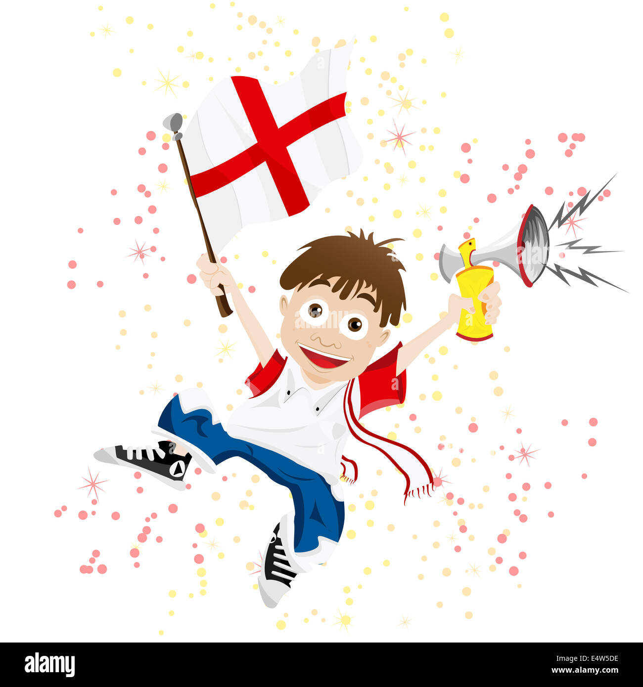 Fan de sport avec le drapeau de l'Angleterre et de l'avertisseur sonore Banque D'Images