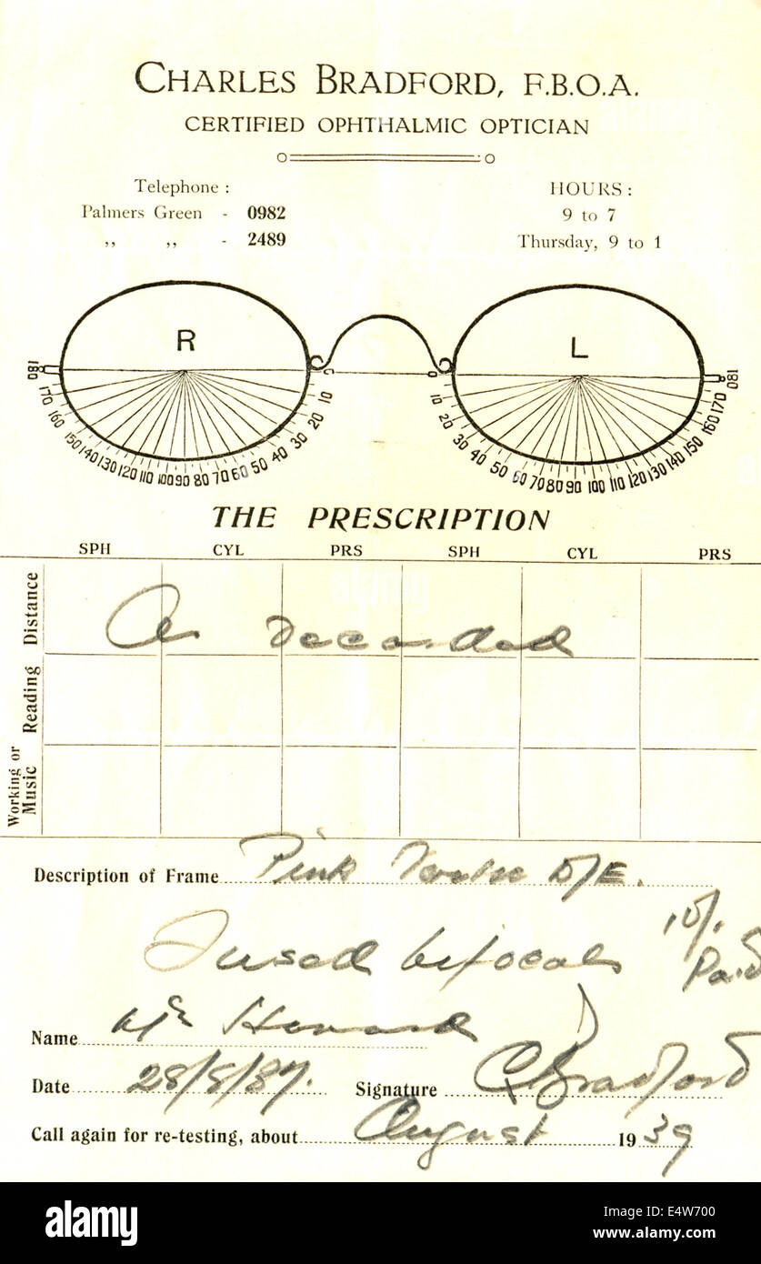 Formulaire de prescription d'opticien pour l'examen oculaire vers 1930 Banque D'Images