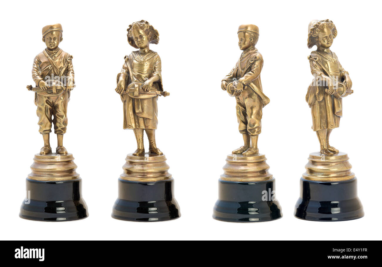 Deux figurines en bronze antique de musiciens. Banque D'Images