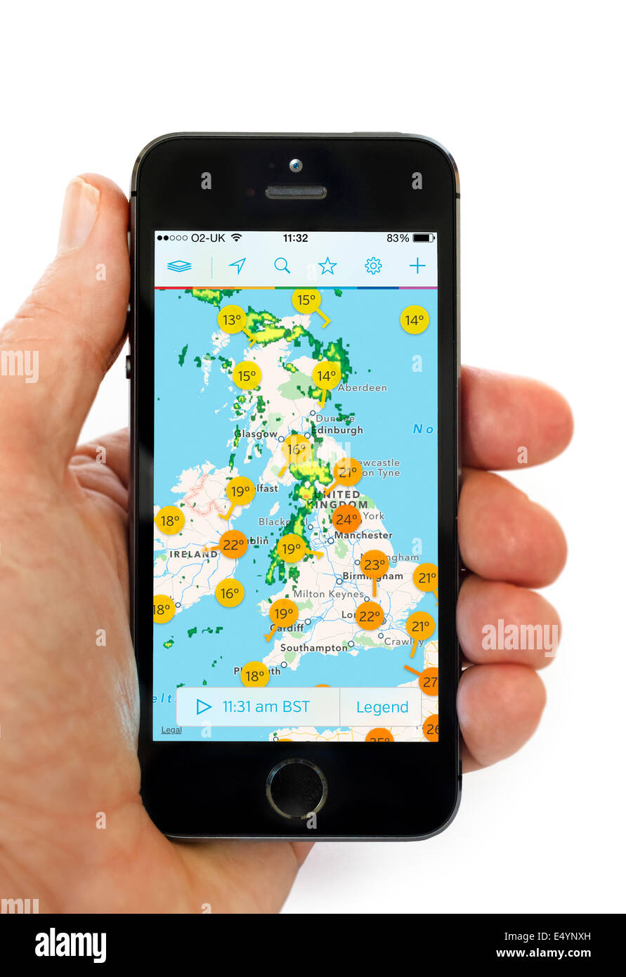 Le Weather Underground WunderMap app sur un Apple iPhone 5S, UK Banque D'Images