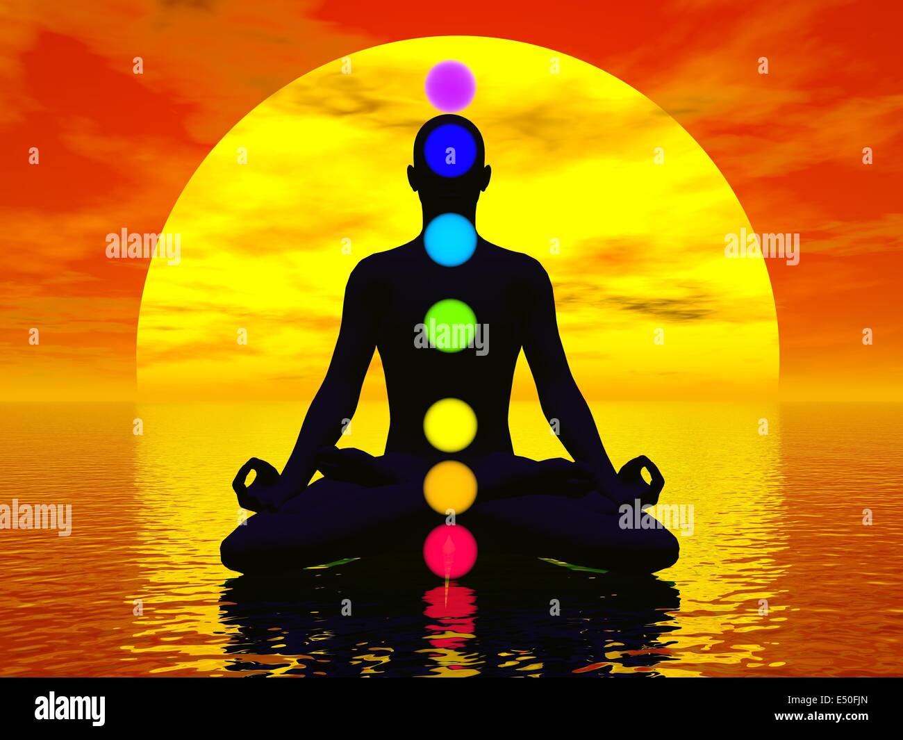 Chakras au coucher du soleil - 3D render Banque D'Images