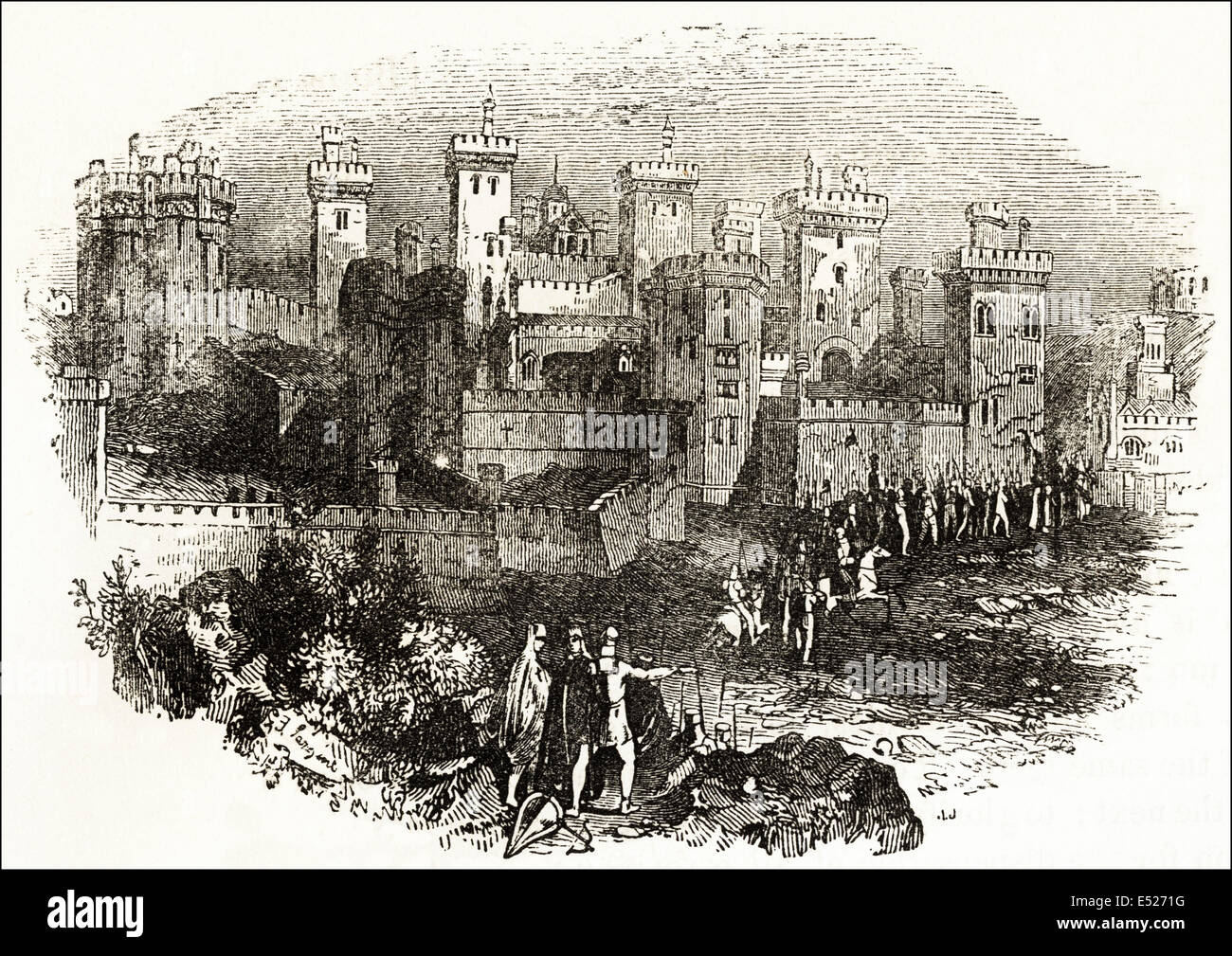Pomfret ou Pontefract château construit au 11ème siècle, Wakefield, West Yorkshire. La gravure sur bois victorien circa 1845. Banque D'Images