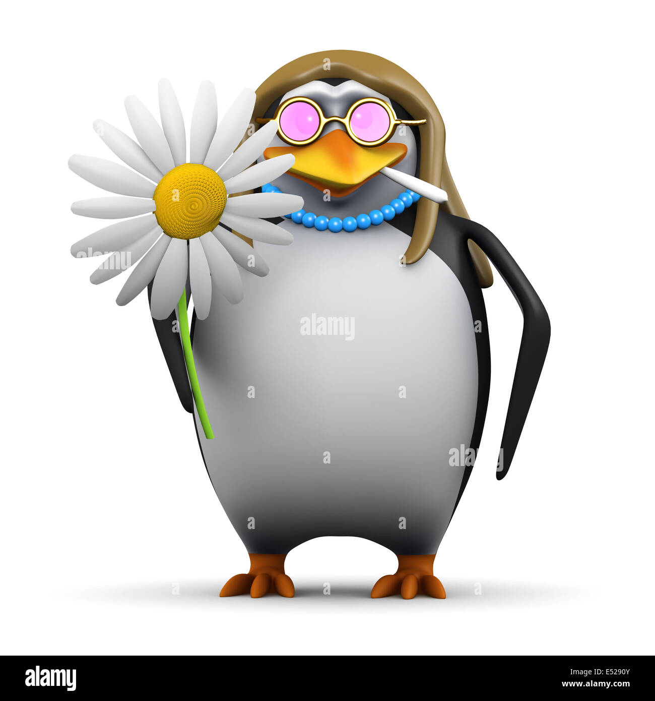 3D render of a flower hippie brandissant penguin fumer une cigarette Banque D'Images