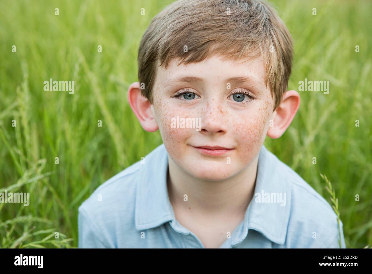 Un garçon dans une chemise bleue avec les cheveux bruns et des taches de rousseur. Banque D'Images