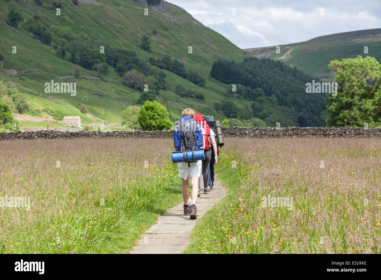 Backpackers dans la région de Swaledale, Yorkshire Dales National Park, North Yorkshire, England, UK Banque D'Images
