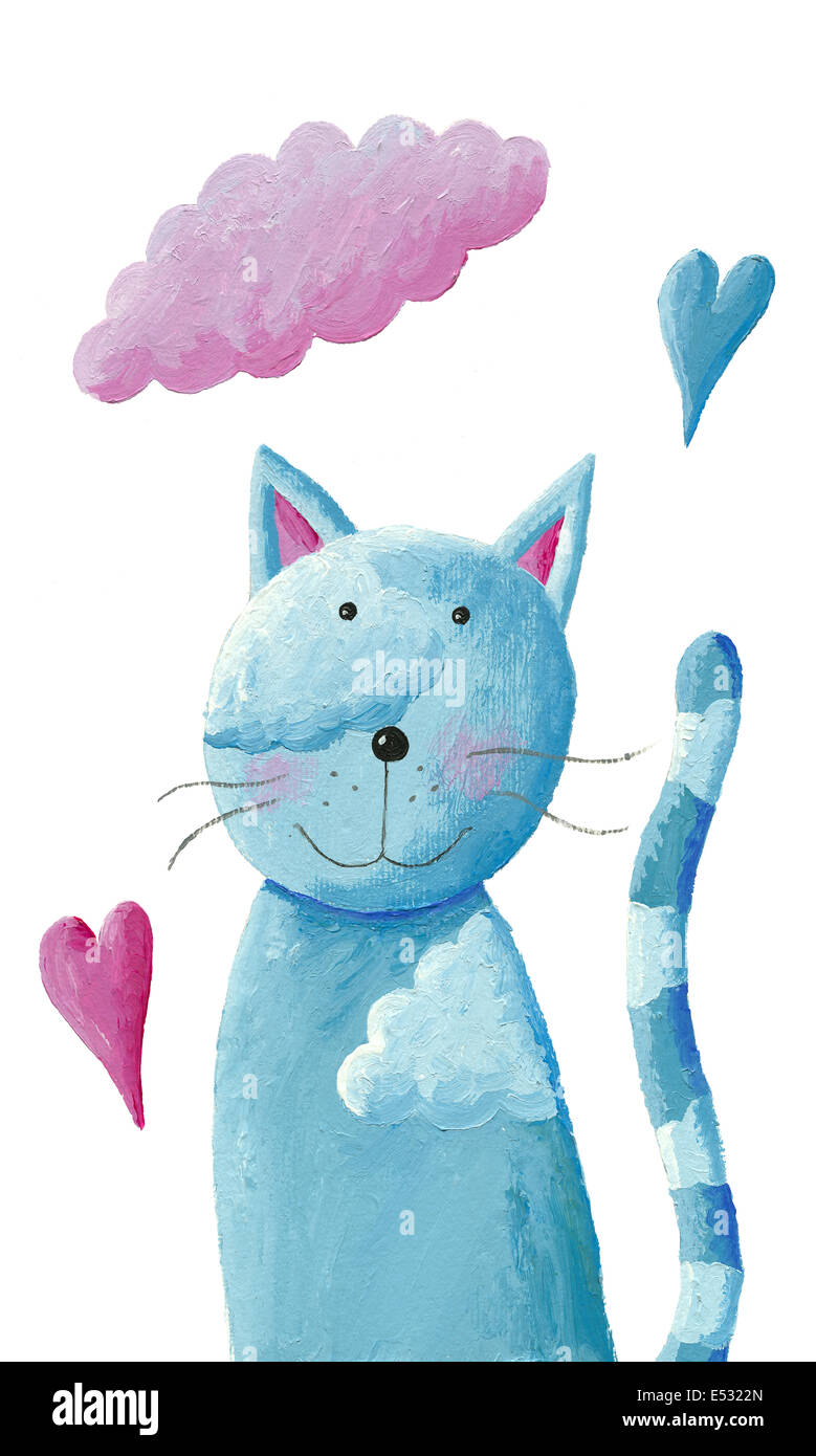 Illustration de l'acrylique bleu Cute cat Banque D'Images