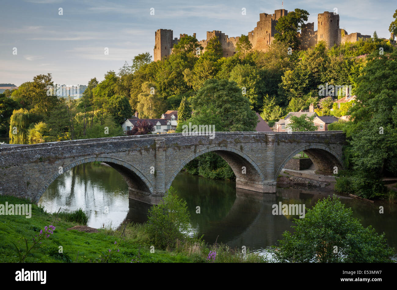 Ludlow Castle à côté de la rivière teme, avec pont Dinham, Ludlow, Shropshire, Angleterre Banque D'Images