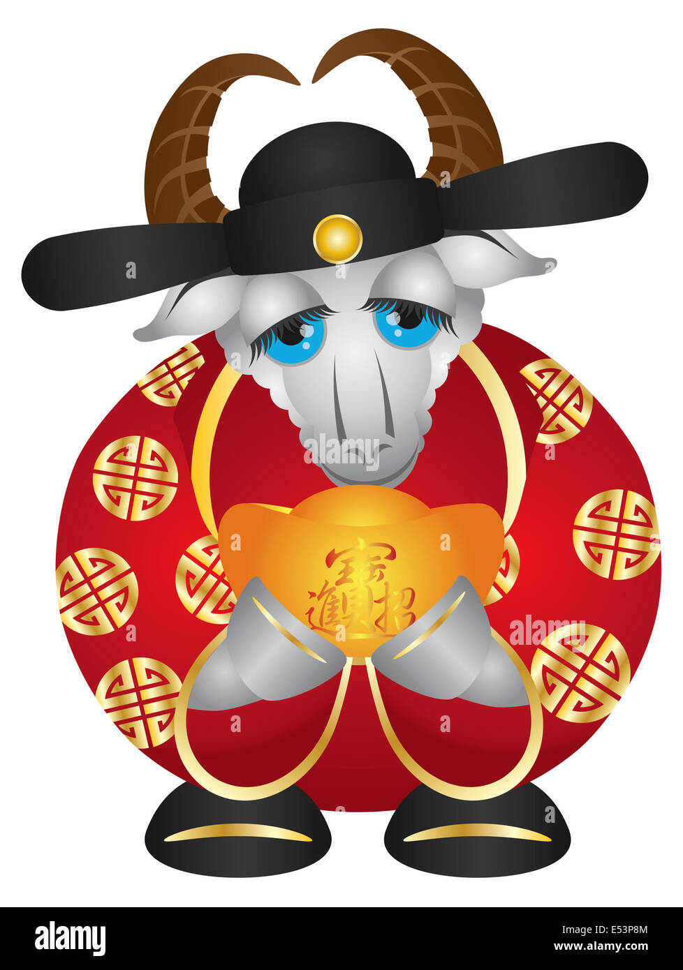 2015 Joyeux Nouvel An chinois de la chèvre de la prospérité de l'argent Dieu Holding Gold Bar illustration isolé sur fond blanc Banque D'Images