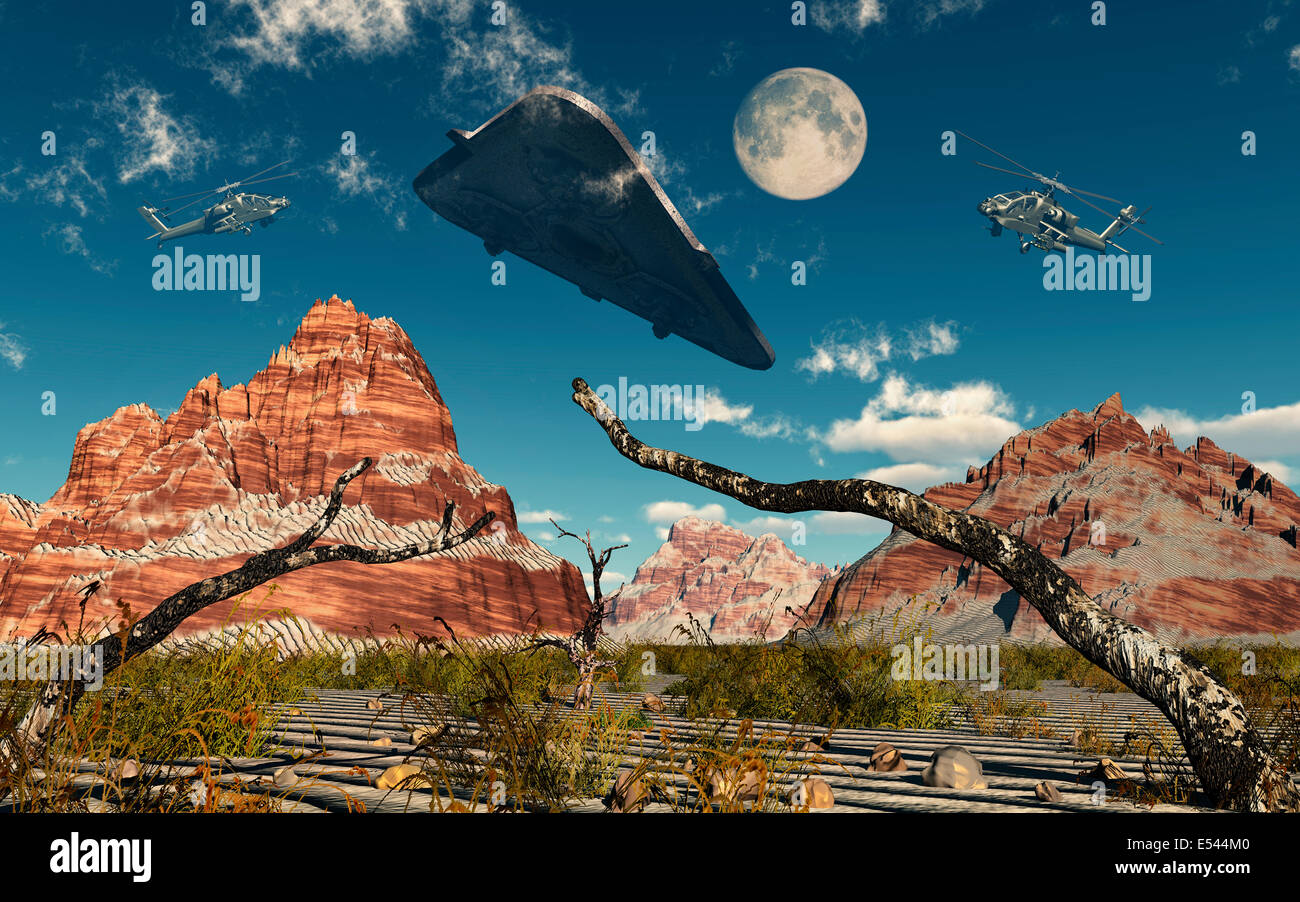 Black Ops Helicopters chassant une soucoupe volante Banque D'Images