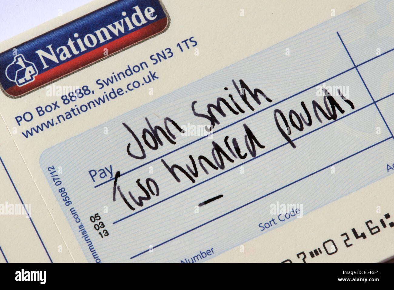 Nationwide Building Society chèque payable à John Smith Banque D'Images