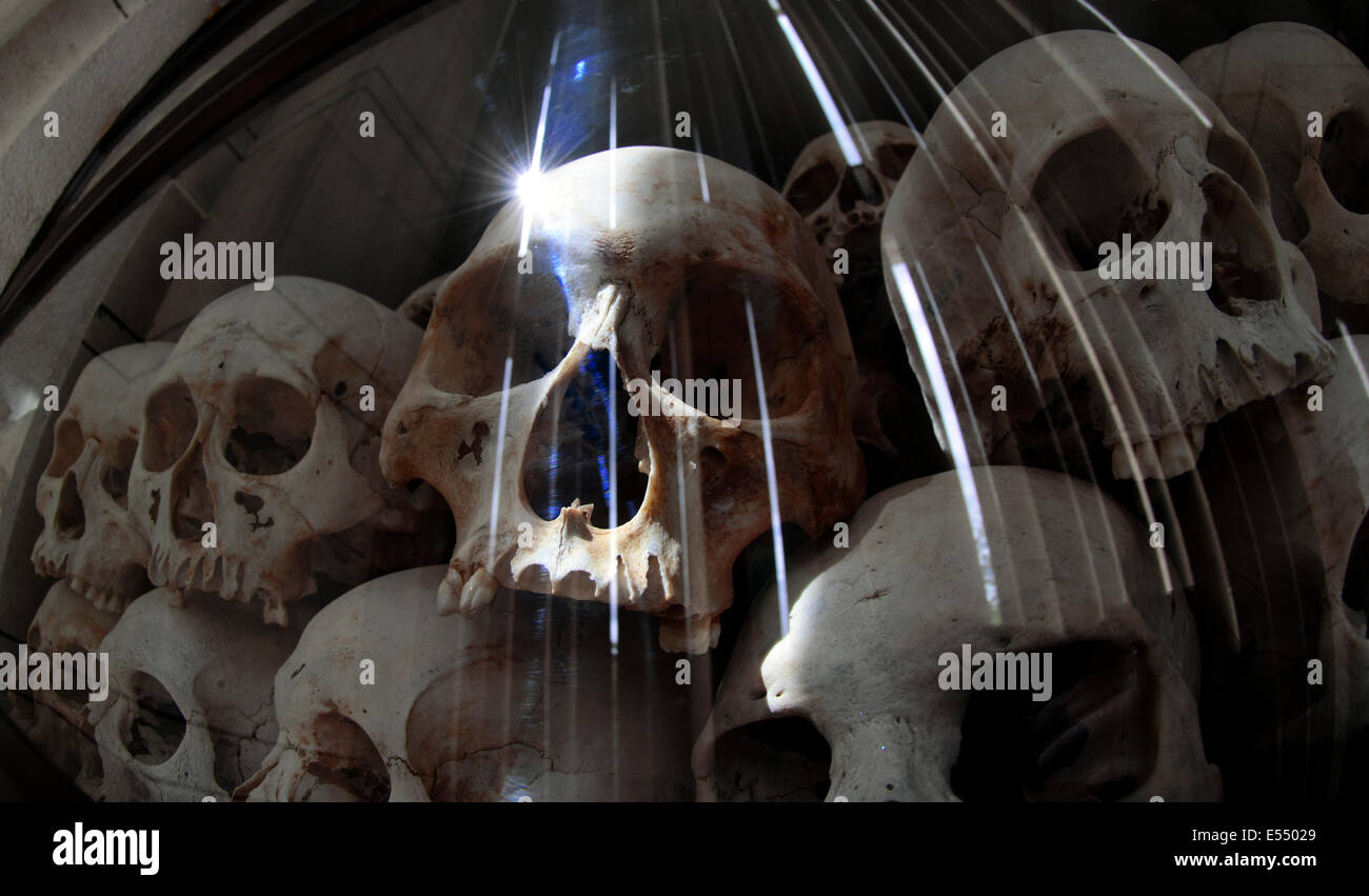 Ces champs de la mort, des crânes humains à Choeung Ek Mémorial du Génocide, Phnom Penh, Cambodge. Banque D'Images
