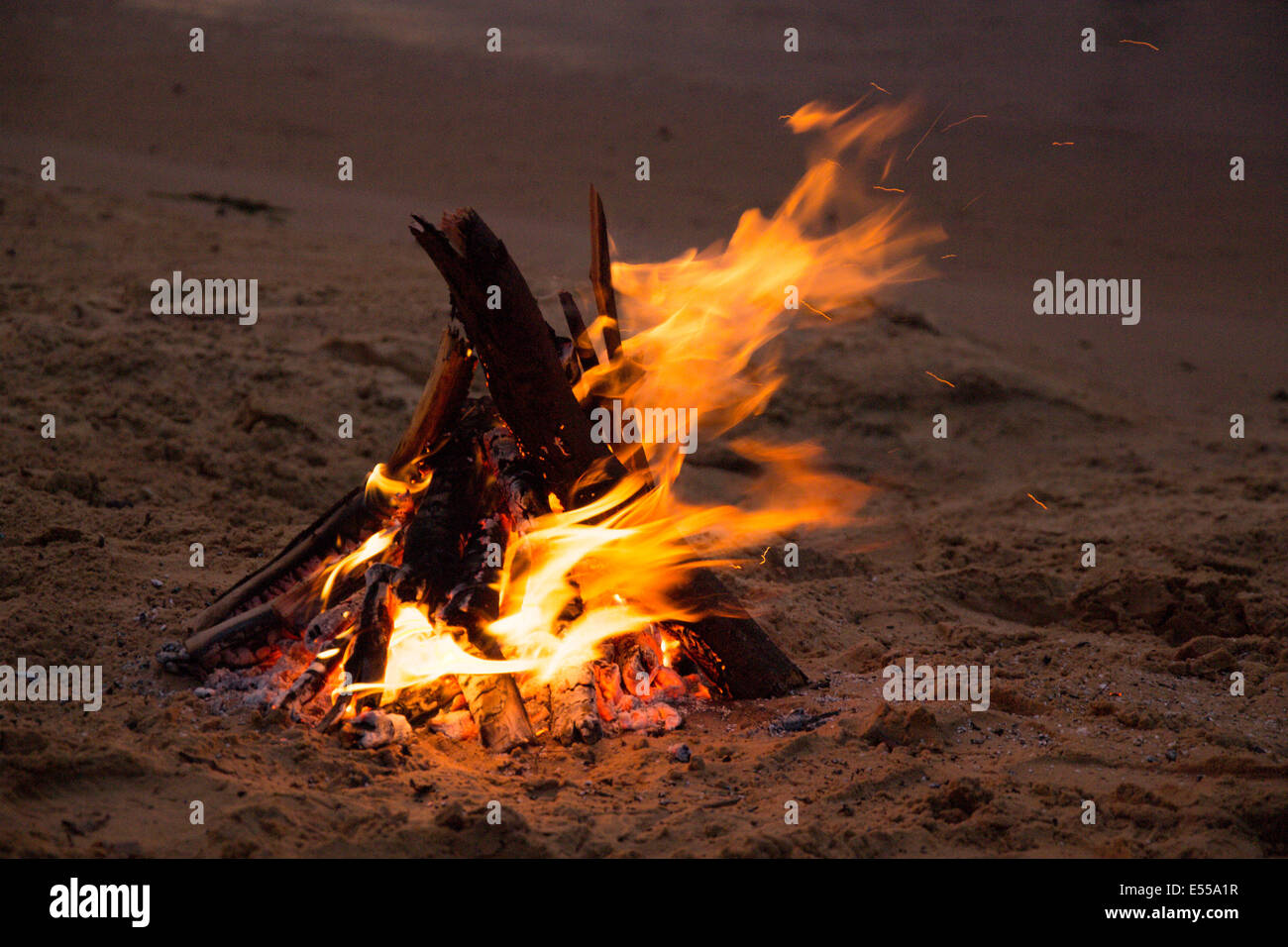 Feu de joie sur la plage de sable après le coucher du soleil Banque D'Images
