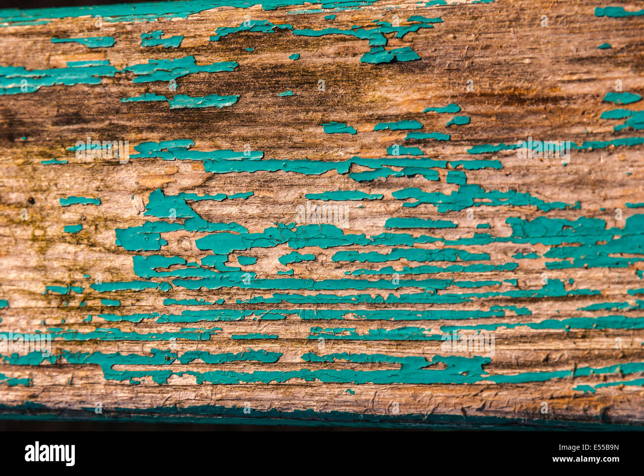 Une planche de bois avec de la peinture Turquoise feuilletée Banque D'Images