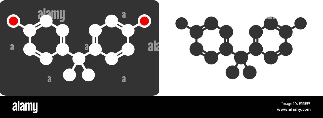 Le bisphénol A (BPA), molécule polluant plastique télévision style d'icône. Montré que les atomes de cercles de couleur (rouge - oxygène, carbone - Blanc/ Banque D'Images