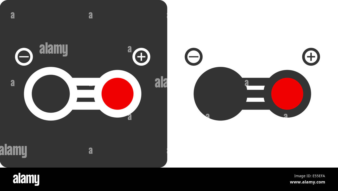 Molécule de monoxyde de carbone, télévision style d'icône. Montré que les atomes de cercles de couleur (rouge - oxygène, carbone - gris). Banque D'Images