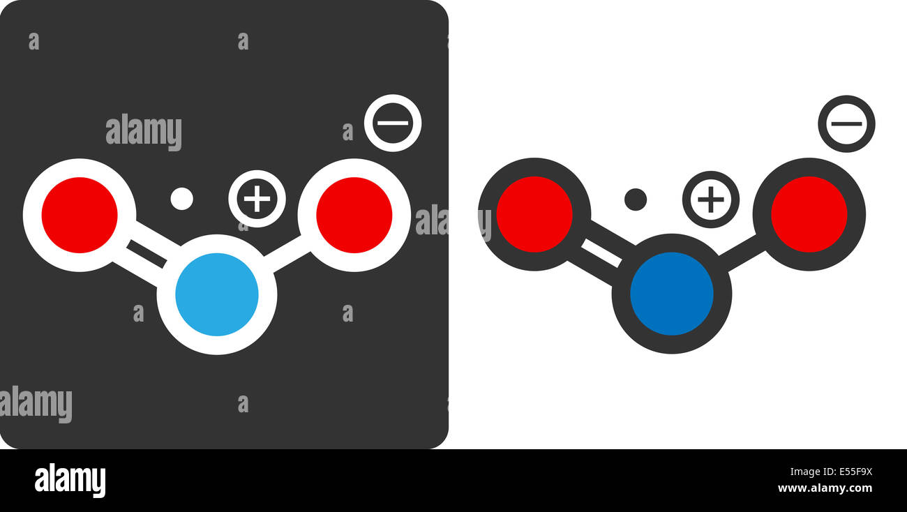 Le dioxyde d'azote (NO2, NOx) gaz toxique et polluant l'air, télévision style d'icône. Montré que les atomes de cercles de couleur (rouge - oxygène, nitr Banque D'Images