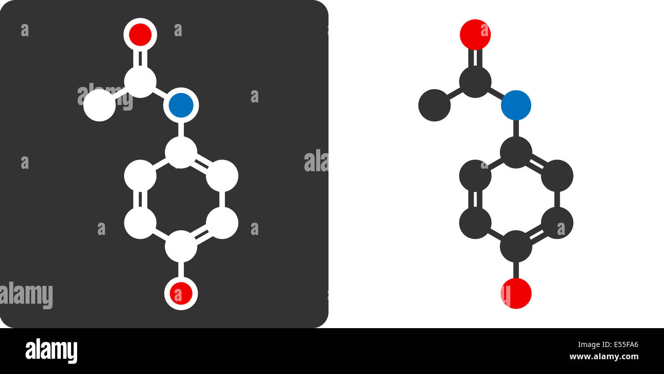 Le paracétamol (acétaminophène) molécule pharmaceutique, télévision style d'icône. L'oxygène, l'azote et d'atomes de carbone montre que les cercles, les atomes d'hydrogène o Banque D'Images