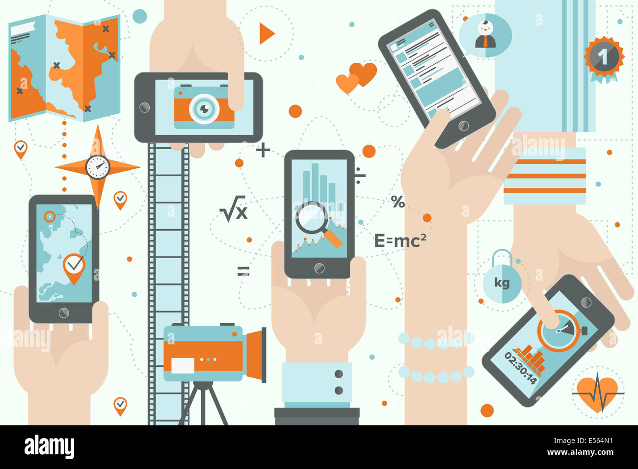 Modèle plat illustration concept de l'utilisation des applications mobiles différents dans les affaires, sport, social et le mode de vie étant Banque D'Images