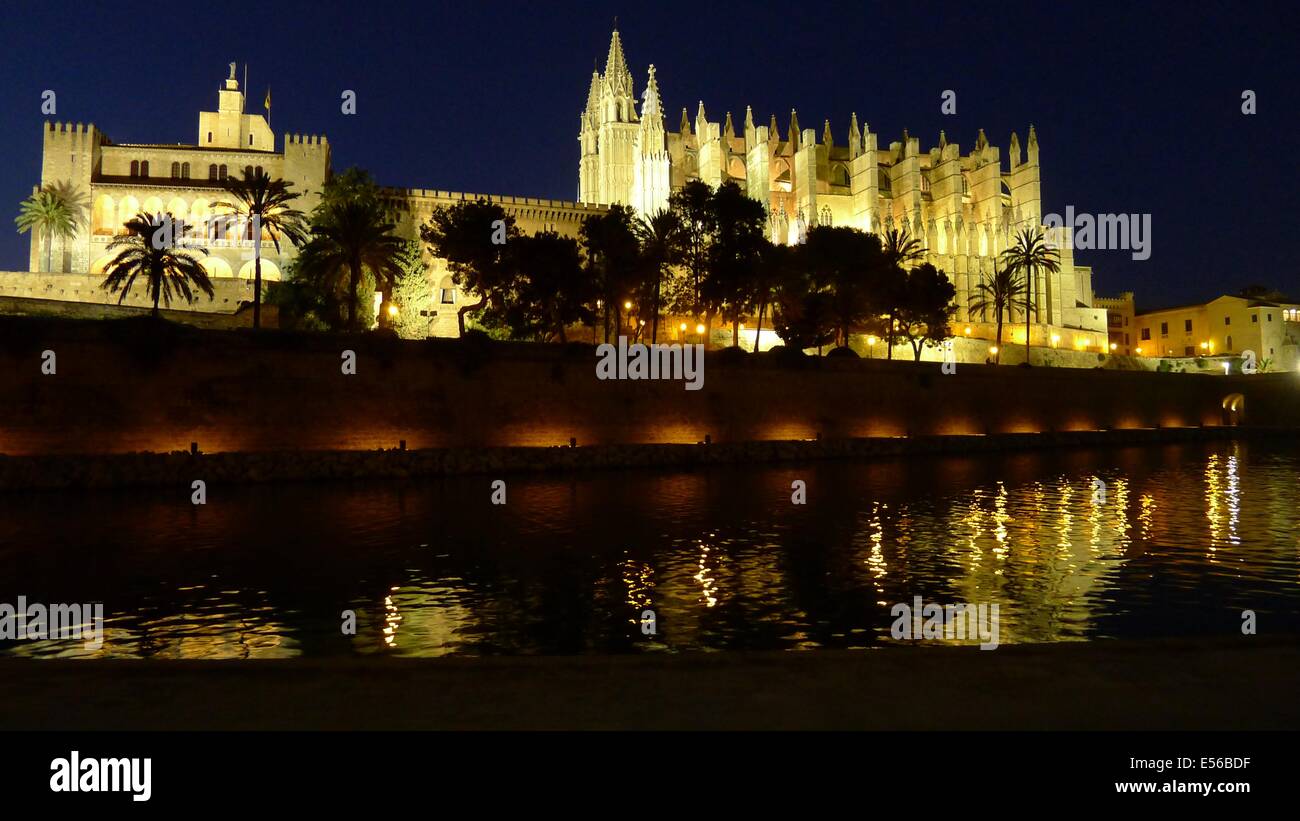 Le Palais Royal de l'Almudaina La cathédrale de Palma et la nuit Banque D'Images