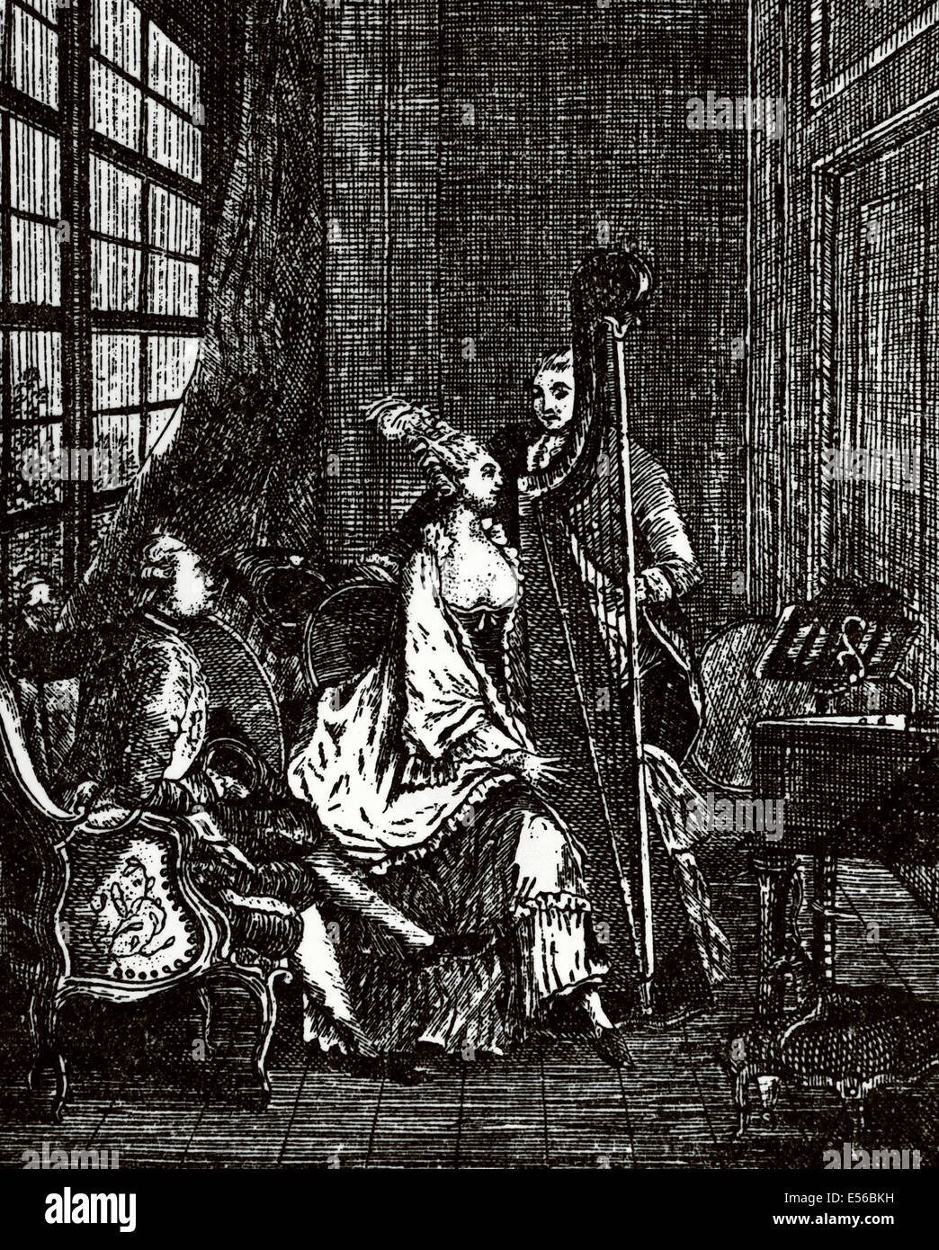 La société. 18e siècle. Musicien. Harpiste. La gravure. Banque D'Images