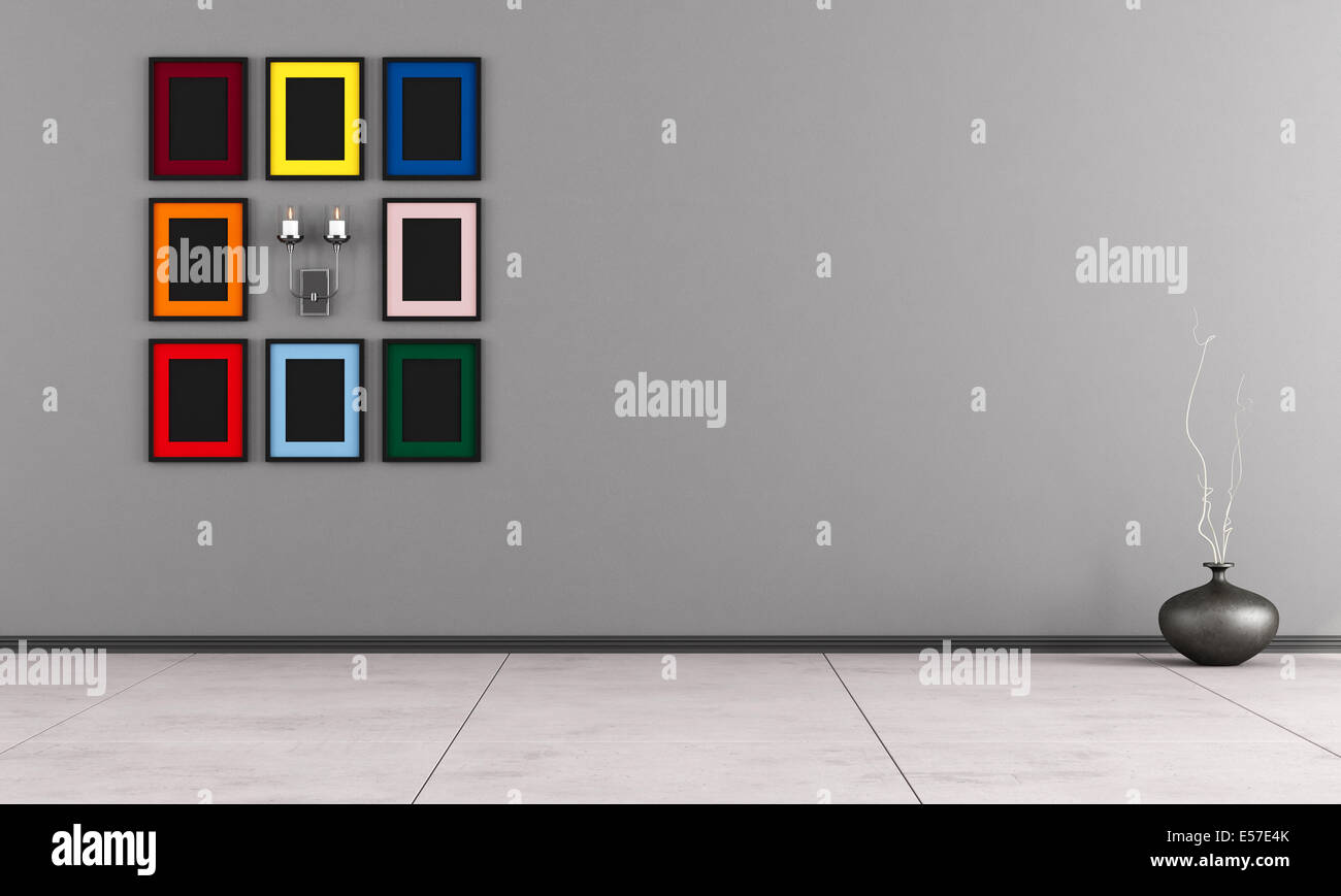 Chambre minimaliste avec cadre coloré et bougie sur mur gris - rendering Banque D'Images