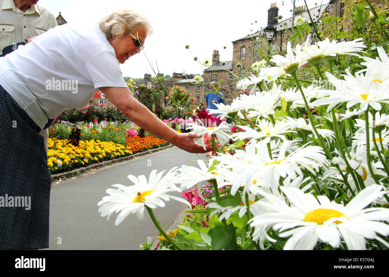 Les frontières de l'été en pleine floraison à la Bath Jardins en Bakewell, une jolie petite ville dans le parc national de Peak District, Derbyshire, Royaume-Uni Banque D'Images